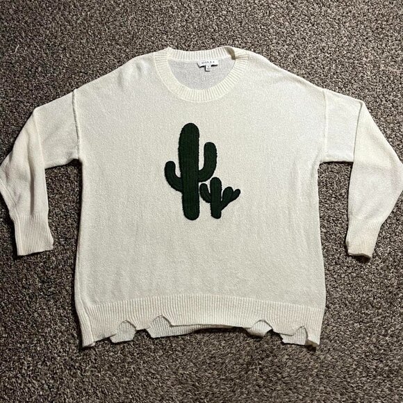 Cactus Cutout, Nubby Boucle Fabric Women Oversized Small White LS Pullover - Picture 1 of 8